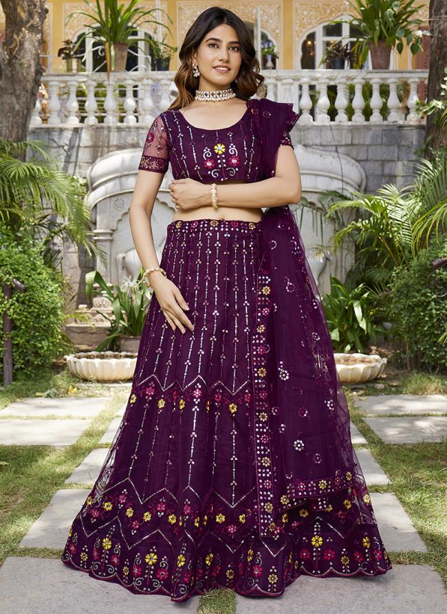 Net Plum Purple  Wedding Wear Embroidery Sequence Work Lehenga Choli